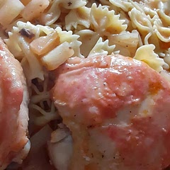 Crockpot Catalina Chicken Thighs with pasta instead of rice. I used bone-in and skin-on chicken thighs. I seasoned the chicken with salt and pepper before adding the other ingredients. Cooked for 4 hours