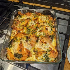 Oh my god this was so so good!! Super easy and tasty. You could easily swap the broccoli out for a different veg if you preferred, I think I'd have a go with asparagus next time. It did take longer in the oven than the recipe states though, I easily gave it another 20 minutes but maybe that was because my dish was deeper and narrower so might have been faster in a shallower bigger dish