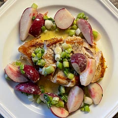 Delicious. We have made this both with breast and thigh and they are equally delicious. I sometimes add some fresh herbs, like chervil or dill, or even chives instead of scallion.