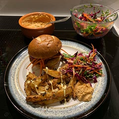 Followed the recipe just cooked for longer, about an hour in total. Great flavour. Served with a sriracha peanut sauce, Asian slaw and burger. Yum!
