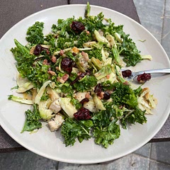 This salad was fantastic! I didn’t roast the sprouts(too warm to use oven) so I sautéed them instead. 

Next time I might skip the bacon & chicken & try quinoa.