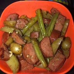 I cooked the green beans and potatoes a little longer. I also added ‘Slap Ya Momma’ Cajun seasoning instead of red pepper flakes