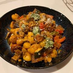 I added red onion, courgette and aubergine to the peppers and chorizo. I used a basil pesto rather than the salsa verde. Crispy gnocchi are crispy on the outside and fluffy in the middle makes a really nice change to having them boiled.