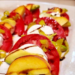 We weren't sure about this flavor combination, but we may just be Caprese purists. However, it was fun to make and made for a beautiful presentation. We served it with aged Sherry marinated grilled chicken thighs and a garlicky ancient grain rice.