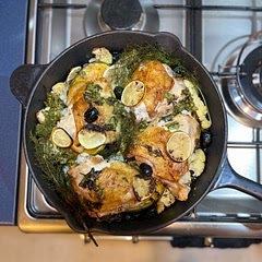 Succulent chicken by crisping skin in pan before baking.