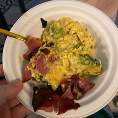 This turned out amazingly good, I would recommend keeping the hash browns in the oven a little bit longer to get them good and crispy. I also cooked the bacon in the air fryer and used thin Turkey bacon, and this turned out AMAZING. Will definitely make again.