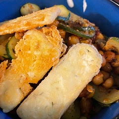 Was a bit challenging but turned out very good. The flavors were great and added in some sliced olives to the chickpeas. The fried feta was a delicious addition crispy on the outside and gooey on the inside.