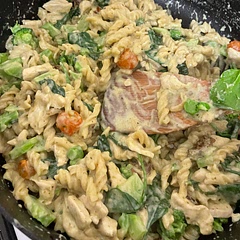 Intense but tasty! I added some whole cherry toms, broccoli (including stem chopped smallish), sun dried toms and spinach. Was pretty quick and easy 👌
Microwaved the broccoli separately and added at the end.
