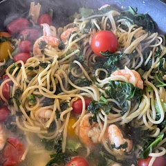I added shrimp, yum! 
Add the shrimp  with the kale.