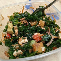 Tangy, sweet and salty but still feels healthy. Favourite salad..