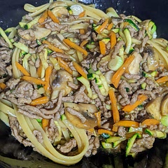 Added mushrooms, courgette and carrot to make it a full meal/stir fry. Delicious - but we only used half the brown sugar the recipe says, and that was plenty sweet enough! Quick and easy, we'll have it again.