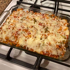 Made with leftover Eckrich sausage and ground turkey. Added some melted feta cheese and used tri-color pasta. Didn’t follow quantities too closely so wound up need to add some tomato paste and water to increase sauce.