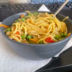 Good quick lunch, we just used the veggies we had laying around so next time I would definitely cut back on peas and see about getting cabbage or maybe bok choy for it. I would double the recipe and then double the sauce again after that next time.