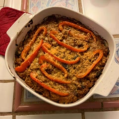 Subbed yogurt for the sour cream, subbed pasta sauce for the tomato sauce and left out the spices. Added red peppers to the top.