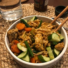 I was craving tempeh so this was perfect. Almost forgot my quick pickles in the fridge! I would recommend draining them before using them. My noodles tasted heavily of rice vinegar after I poured the cukes over.