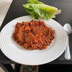 Made it in the instapot, added more tomato paste. I substituted three dried dates as I didn’t have raisins or apricots. Came out great. Eating with romaine lettuce!