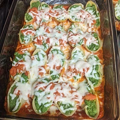 The filling and sauce are a little bland so I added mozzarella. Could use way more seasoning and probably half the amount of onion