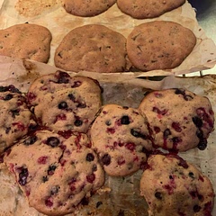 Makes 12 Big cookies or 18 fair sized ones
Try mix of half choc chips & half frozen mixed berries