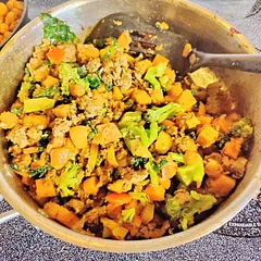 I used less chili powder since my child doesnt like spicy foods. I added garlic to the sweet potato and breakfast sausage for the meat.