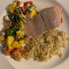 Orzo pasta is unnecessary, salad is enough of a side dish to go with salmon. Didn’t have avocado and the ones at the store were too unripe, so left it out and still turned out delicious