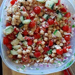 Very quick and filling summer go to! Added a little sun dried tomato paste to the dressing to give it a little more flavor!
