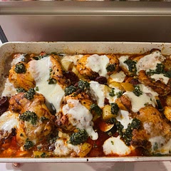 I added a lot more vegetables by adding peppers, courgette, red onion, potatoes and garlic. Also added some red wine and red wine vinegar to add a little sauce. Topped with some mozzarella too!! Yum!!