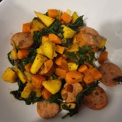 Hubby approved! I used chicken apple sausage and granny Smith apples. The tartness of the apples with the sweet potatoes and spinach was nice. I also used some mango lime seasoning that added a nice touch. Will definitely be making this again!