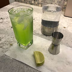 All time favorite, color is neon bright and has an great brightness of the flavors. Lime juice can easily overpower it, so don’t add too much in and don’t use substitute syrups/pre-made juices, gives it more sourness. Follow the order if you can, makes a difference in the flavors. 

I substituted with sparking water which does taste different, but not bad. 
Overall tastes really good and makes a huge impact.