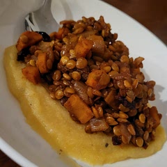 New staple dish! Plated with polenta (veggie stock salt pepper and garlic). Small things to note. I ended up needing quite a bit more liquid and time during the process. But the flavors held up well.