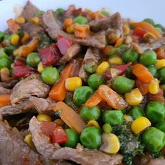 Used frozen vegetable medley and defrosted beef slices for a really quick cook. Halved the sugar and honey - the dish still turned out great.