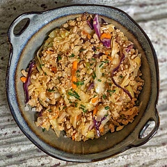 I used sesame oil instead of vegetable oil. Added soy and sriracha at the same time as the coleslaw and broth. For the broth, only used 1/3 cup of chicken per the notes of it retaining too much liquid. I didn’t experience that issue with this adjustment. Cooking in a wok helped I think. It also wasn’t overly spicy as some of the notes suggested -very well balanced. Ended up adding more soy to my bowl, so might incorporate more in the recipe next time. #savory