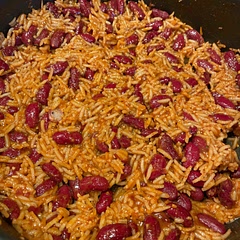 Took the advice and doubled most of the spices and the garlic. Used two bags of boil in bag basmati rice, cut open and dumped in. No onion, puréed the tomatoes since my oldest won’t eat anything with tomato chunks and it added flavor and thickened it up. Only used two cups of chicken broth and it boiled down nicely. Served over ground taco beef and topped with cheddar Jack cheese. Would be fabulous with diced avocado on top. Did not have parsley but drizzled lemon oil over the top.
Very filling!!!