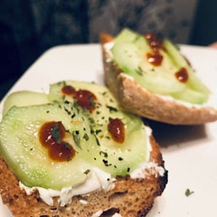 I’m not gonna lie. I totally made this my own way but this recipe was my inspiration. I didn’t have all the ingredients but was able to make it work. Had some stale bread my mom made and I have no idea how to moisten it (I guess I could google it). So I toasted it a bit and rubbed it with a fresh clove of garlic,a little olive oil,cream cheese,cucumber slices,some salt and pepper and a few drops of sriracha. Not too bad.