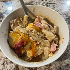 So good. Like most scalloped potatoes. All I changed was adding a bit of garlic with onion, some paprika with the thyme, and used half and half instead of milk. Yum!