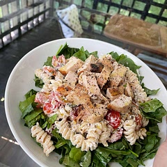 My recipe! Great creamy, healthy pasta salad for any time of year. Greek inspired flavors. If you love yogurt based Greek things, give this a try!