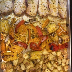 Instead of ham, I used pork. And instead of green beans, I did a mixture of corn, peppers, and onions. This was an amazing meal. 10/10
