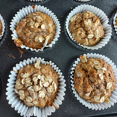 Simple to follow, still a high sugar and oil content so not the healthiest but nutritious with oats, subbed almonds, and bananas. Very chewy and tasty - more like a 'treat' than a healthy breakfast recipe. Cupcake liners when sprayed splayed out and still ended up sticking a fair bit but still tasty and quick ta make.