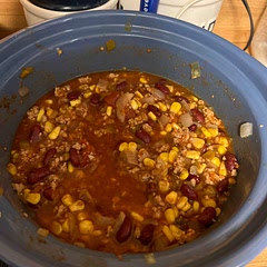 I had to add some water and i added some homemade tomato sauce on top of a can of regular. we used turkey meat and kidney beans.