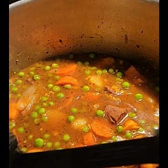 Delicious! I wanted a bigger batch so did 6 cups broth, 3 small russets and 1 large sweet potato and the whole bag of peas. Love it!