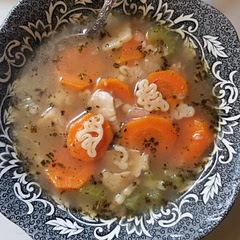 Very tasty.  I used homemade veg stock with 2 Not Chik'n cubes (should've used 1/2 a cube...a bit salty), Daring Chicken (lemon and herb) and whatever pasta I had on hand (yes, it's dinosaurs).  Will make again.