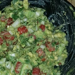 I would chill before serving to blend the flavors.  I sprinked some Tajin over the top of my finished product (after I snaped this photo). Pretty good. As you can see I used ripe avacados.