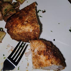 I made double the cheese and quadrupled the spice blend, but it could probably still use a little more if you have a thick cut of pork loin chop like I did. I cooked the thicker cut for 15-25 minutes, splitting that time between each side.