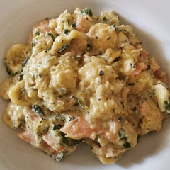 Used orechiette, which was the short pasta type I had, but takes longer to cook so had to adjust cooking times. 
Added smoked salmon for extra protein, shrimp should work beautifully as well.