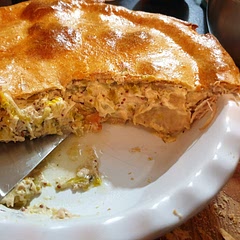 I used chicken thighs and put them in the slow cooker all day then added them to the filling ingredients...  I made the pastry myself also ..