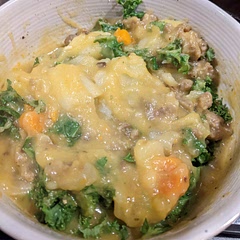 Super tasty. I always forget to take photos until things look messy. Will make again! The Italian sausage really makes it super tasty. I love fresh kale in soups, so I added more kale at end. Blending half of soup is genius.