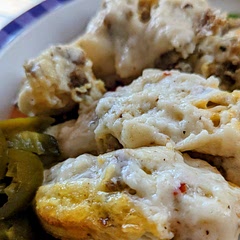 This is delicious. I did make the gravy from scratch but the packet would be good too. Easy and so good that everyone had seconds.
