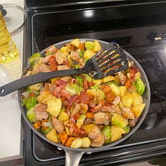 Really solid. Took everyone’s advice and air fried the sweet potatoes. Definitely recommend not putting the potatoes back in until the very end. Might try to add some jam when cooking the brussel sprouts next time