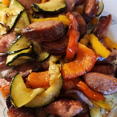 I used red, orange & yellow bell peppers with zucchini and red onion.  I cooked it in the air fryer for 20 mins. I went in and tossed it every 5 mins or so.   It was delicious!