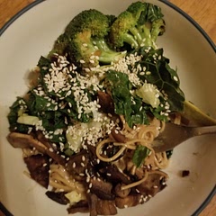 No edamame or brocolini-used broccoli, kale, and mushrooms. The sauce would work with almost any veg on hand - the tahini adds an amazing creaminess. So good!