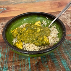 Looks like mint sauce, tastes like good curry. On brown rice because I hate myself.